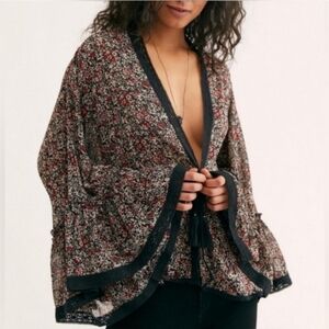 Free People Black Floral Sheer Kimono Lola Cardigan Top Size M